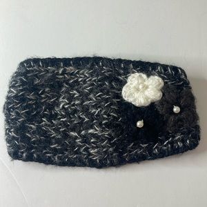 Knit Headband Earband Floral Black and White